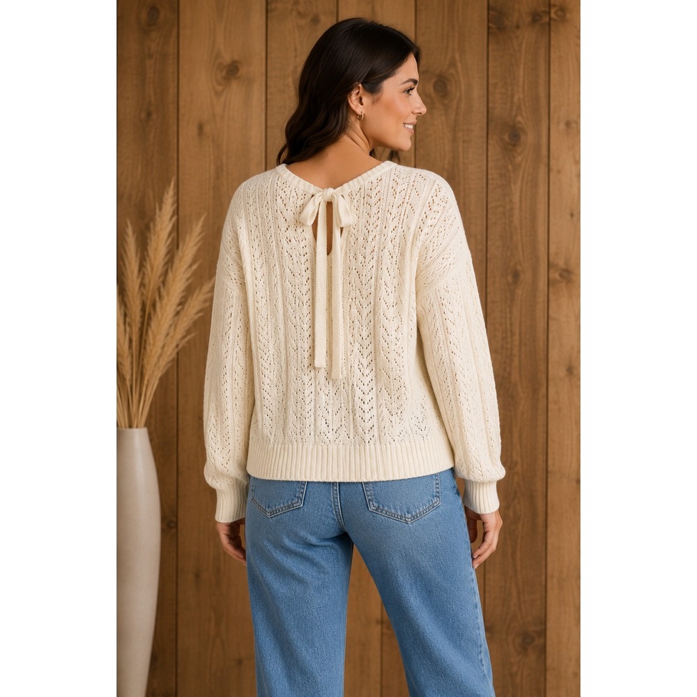 Blu Pepper Cream Pointelle Knit Back Tie Sweater Ivory Chevron Crochet - Picture 2 of 5